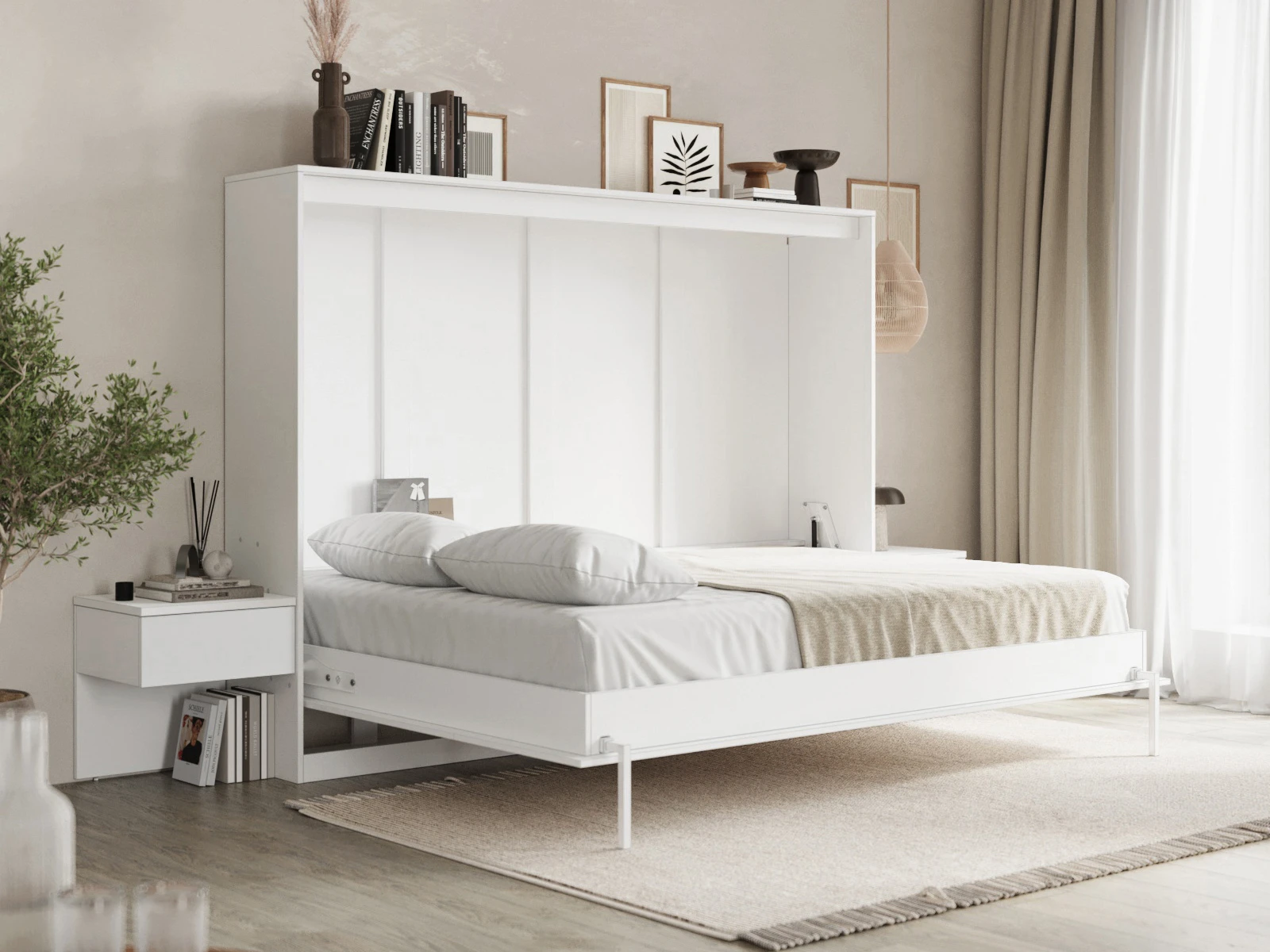 Cama Abatible Classic 140x200H com 2 Mesas de cabeceira Branco / Branco Alto Brilho picture 4