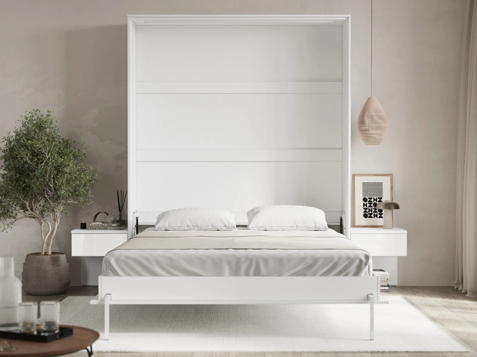 Cama Abatible Classic 160x200V com 2 Mesas de cabeceira Branco / Branco Alto Brilho picture 2