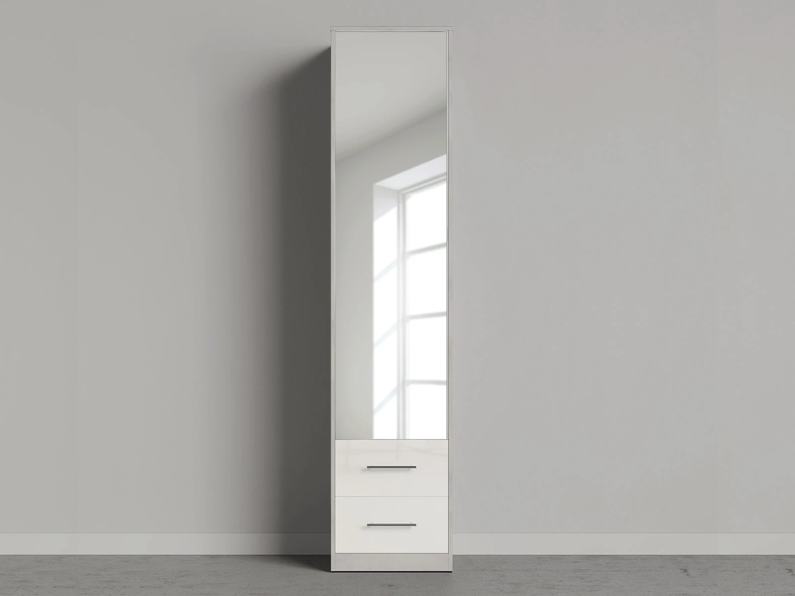 1 Garderob 50 ccm (Standard 45 cm djup) Betão / Espelho / Branco alto Brilho