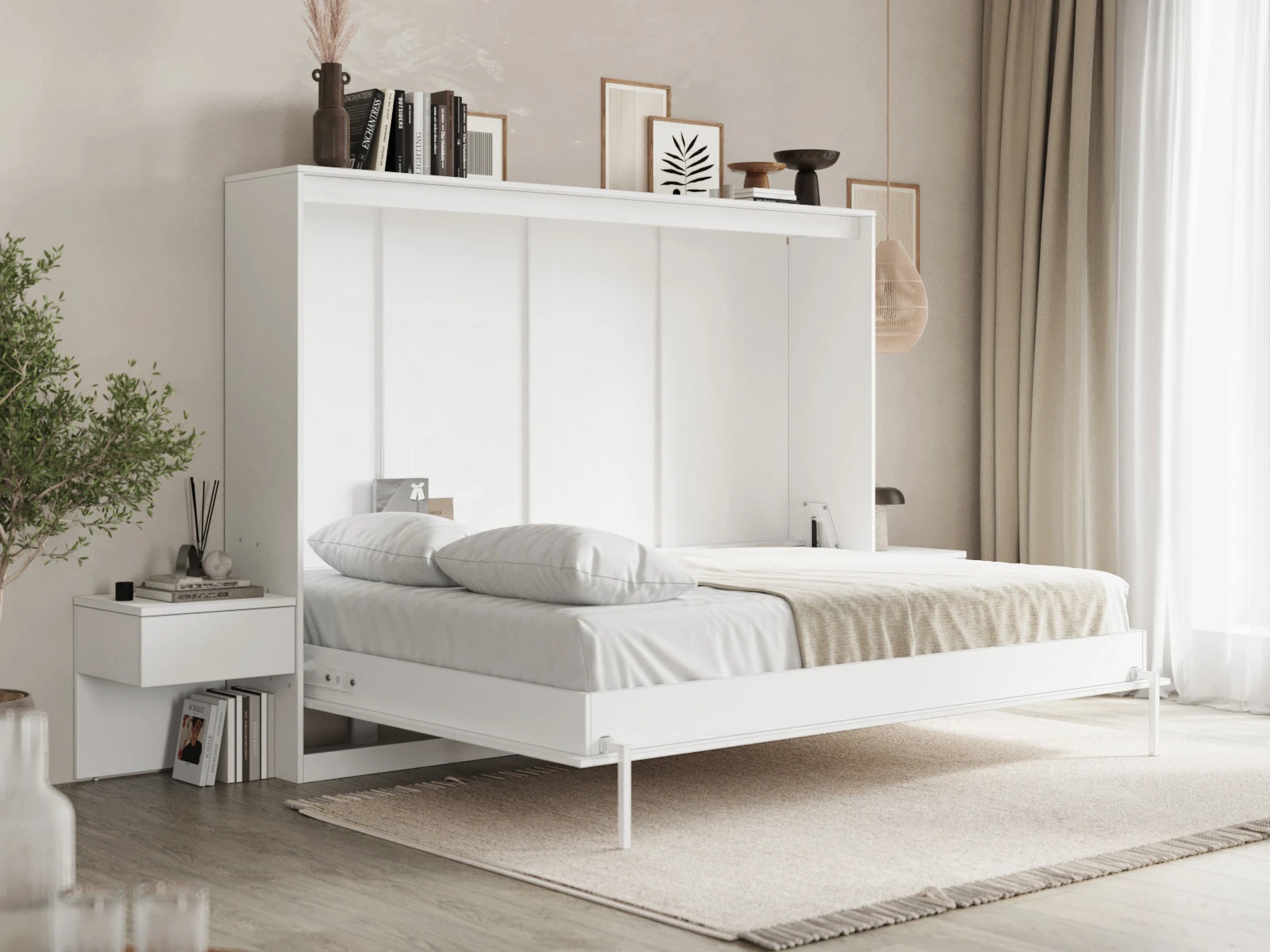 Cama Abatible Classic 140x200H com 2 Mesas de cabeceira Branco picture 4