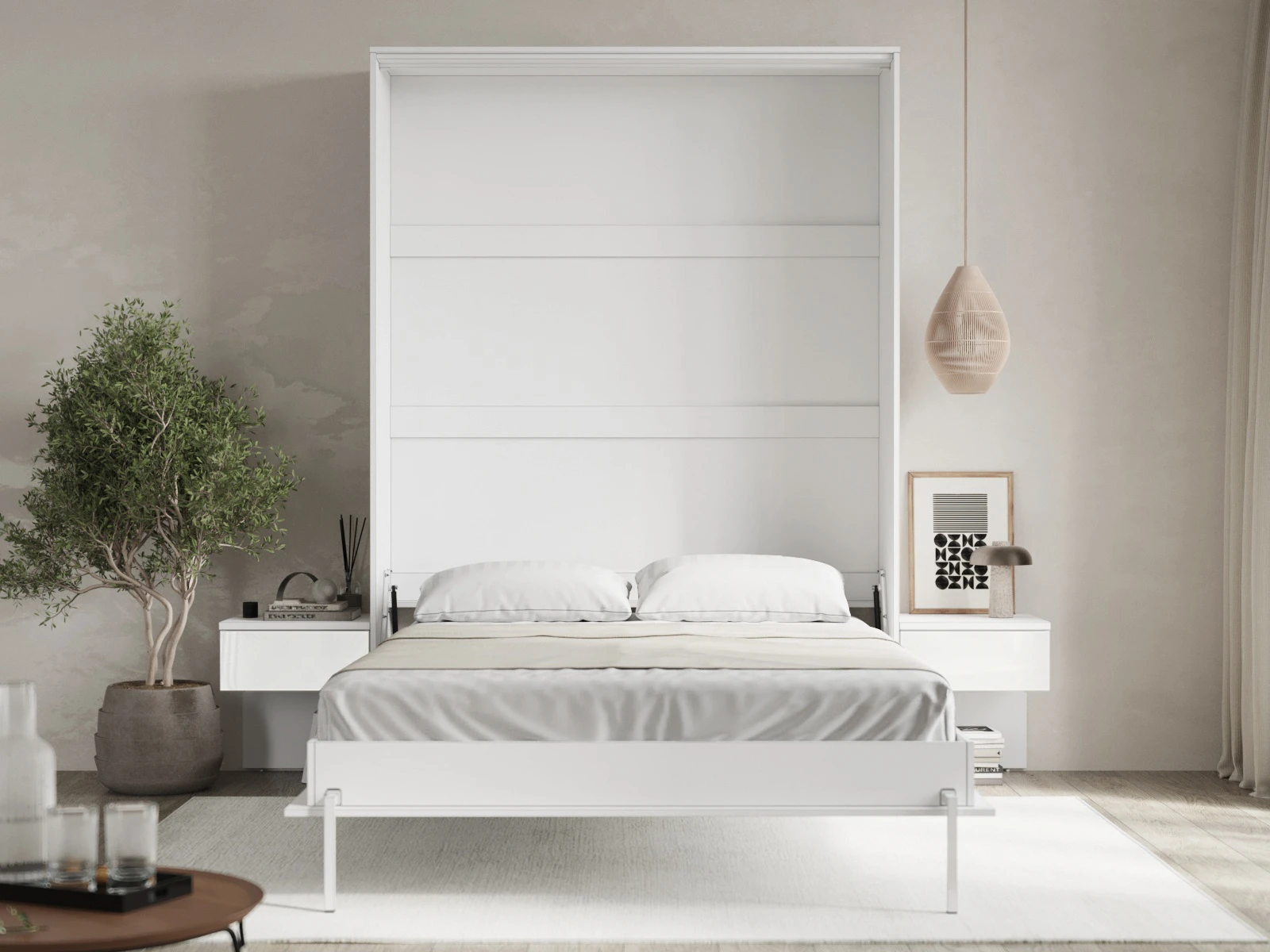 Cama Abatible Classic 140x200V com 2 Mesas de cabeceira Branco / Branco Alto Brilho picture 2