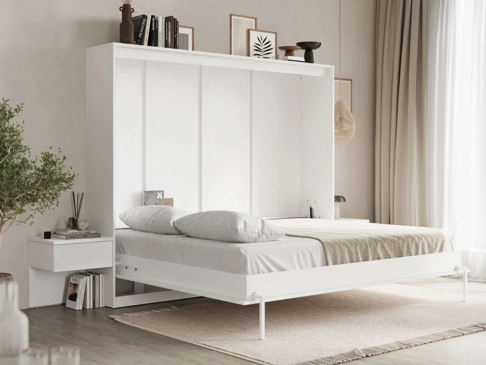 Cama Abatible Classic 160x200H com 2 Mesas de cabeceira Branco / Branco Alto Brilho picture 4